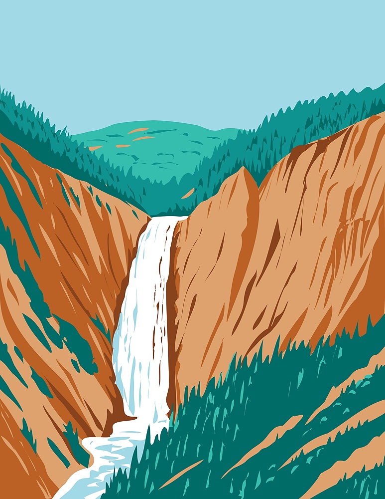 WPA poster art of the Lower Yellowstone Falls within Yellowstone National Park located in Wyoming, United States done in works project administration style or federal art project style.. Lower Yellowstone Falls Within Yellowstone National Park Located in Wyoming USA WPA Poster Art