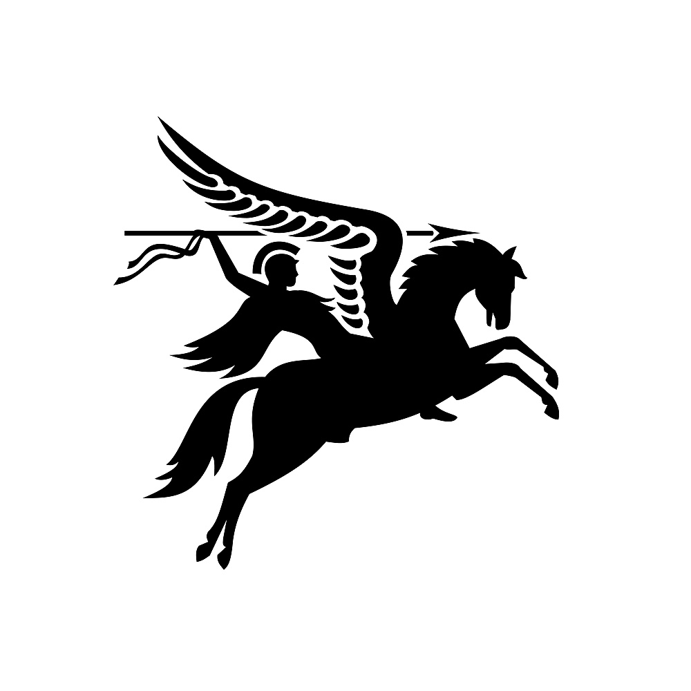 Military badge illustration of Parachute Regiment Airborne Forces showing an English or British knight or warrior riding a winged horse or Pegasus with a lance or spear in black and white retro style.. Parachute Regiment Airborne Forces Showing an English British Knight Warrior Riding a Winged Horse or Pegasus with Lance or Spear Military Badge Black and White