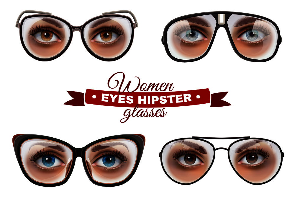 Women eyes hipster glasses collection background with decorative text and isolated images of female eyes in spectacles vector illustration. Hipster Women Glasses Set