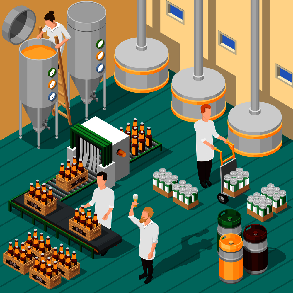 Isometric background with process of beer production in brewery 3d vector illustration. Isometric Brewery Background