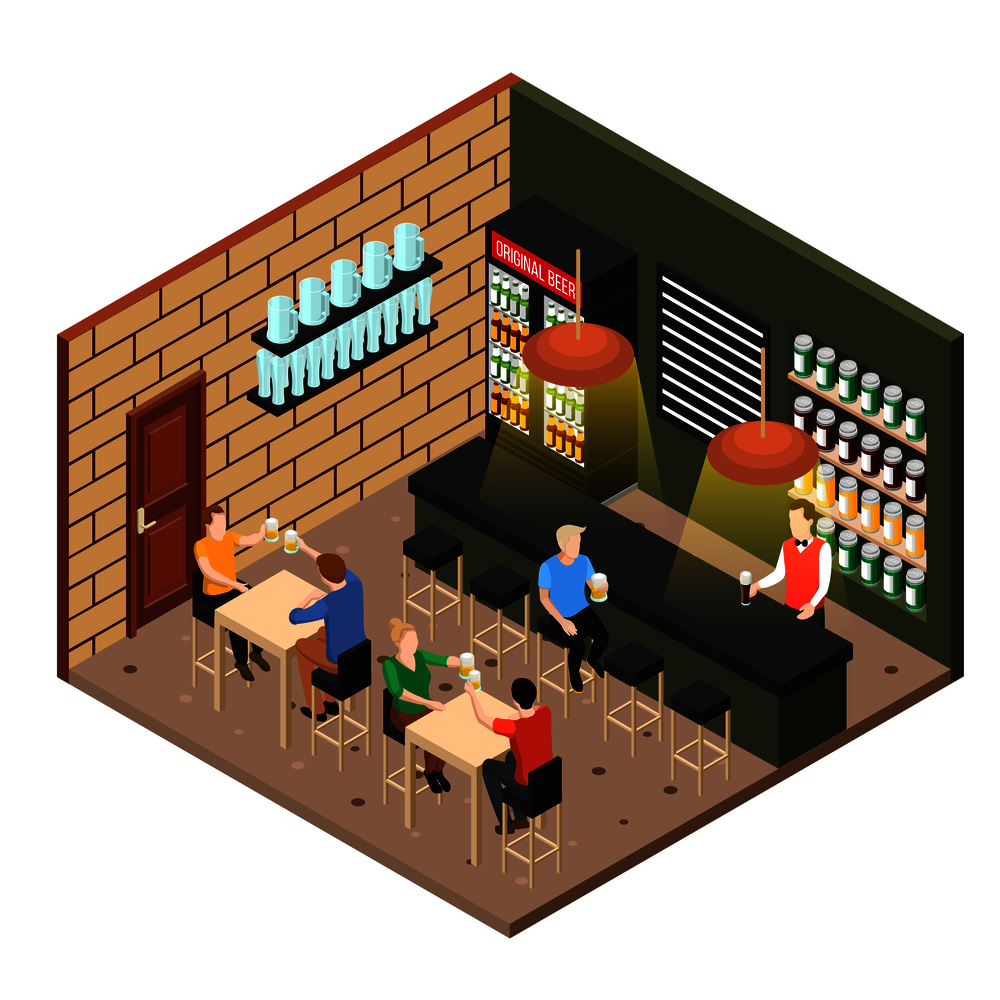 Isometric original beer shop interior and merry visitors clanging mugs 3d vector illustration. Isometric Beer Shop
