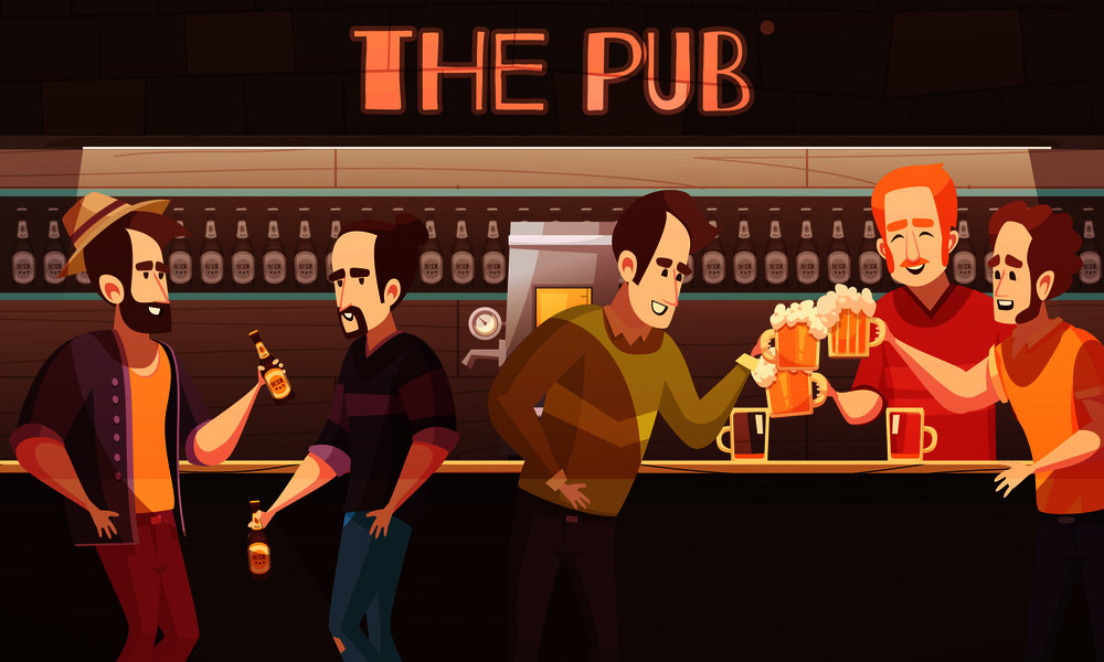 Beer pub flat vector illustration with male friends company drinking beer at bar counter background. Beer Pub Flat Vector Illustration