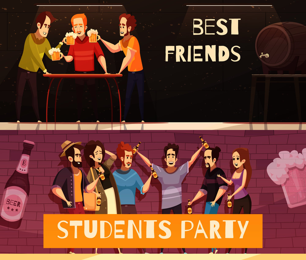 Students beer party horizontal banners with groups of young people in hipster clothes meeting in bar pub or cafe interior flat vector illustration. Students Beer Party Horizontal Banners