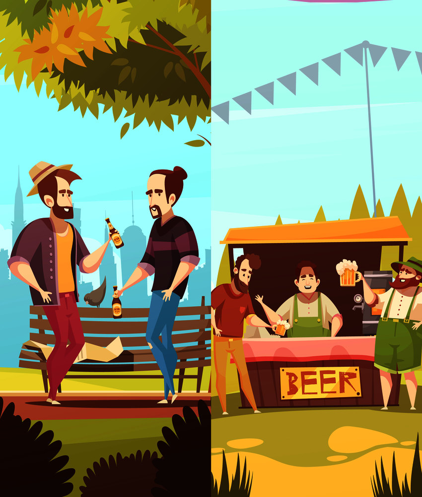 Two vertical banners on beer theme with group of male friends enjoying beer outdoor and laughing flat vector illustration. Beer Vertical Banners