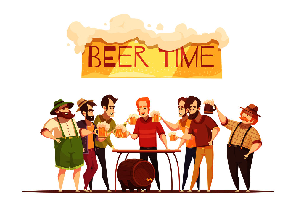 Beer time design concept with happy male company holding in hands mugs full of beer flat vector illustration. Beer Time Design Concept