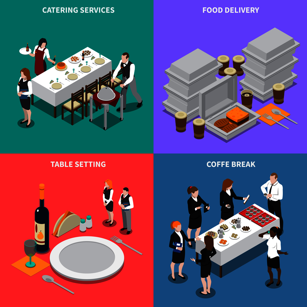 Catering services isometric design concept with waiters, table setting, coffee break, food delivery isolated vector illustration. Catering Services Isometric Design Concept