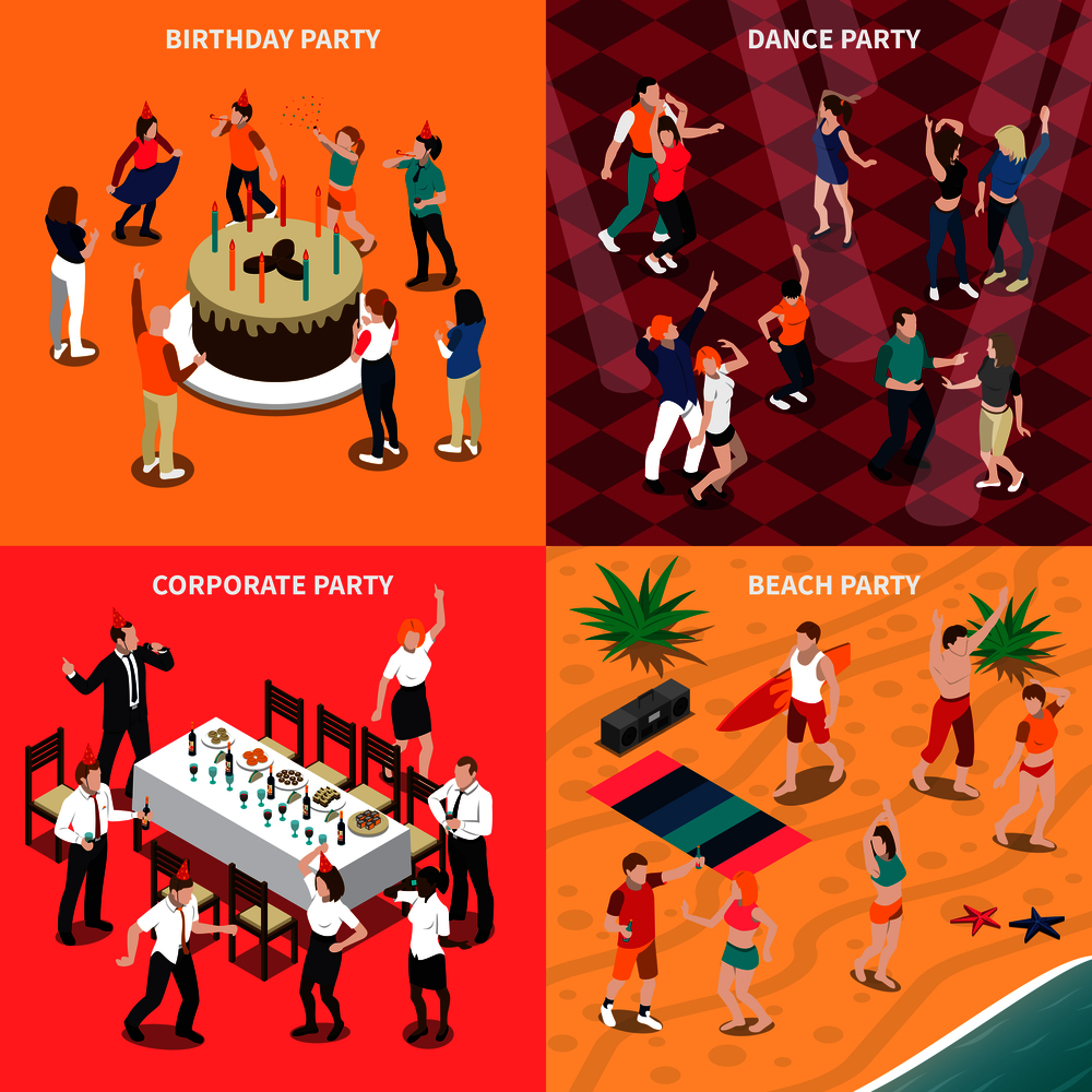 Isometric design concept with people at birthday party, dance evening, corporate celebration and beach isolated vector illustration . People At Party Isometric Design Concept