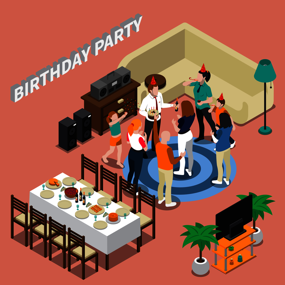 Birthday party isometric composition with feast table, congratulations of people, home interior on pink background vector illustration. Birthday Party Isometric Composition