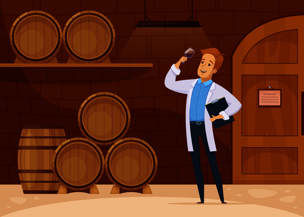 Winery production with winemaker in storage cellar tasting wine aging in oak barrels cartoon composition vector illustration . Winery Storage Cellar Cartoon Poster