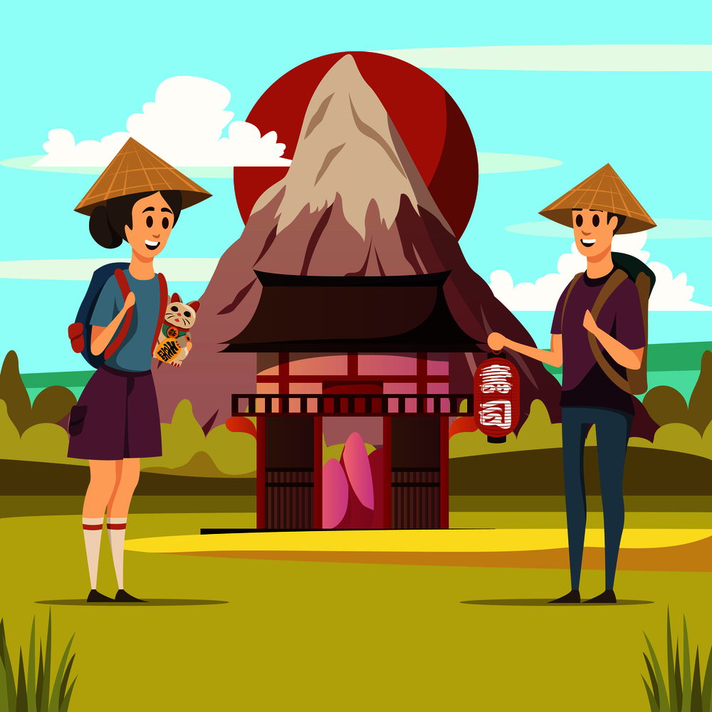 Japan travel orthogonal composition of rising sun fuji mountain traditional architecture and 2 tourists background vector illustration . Japan Travel Sightseeing Background Poster