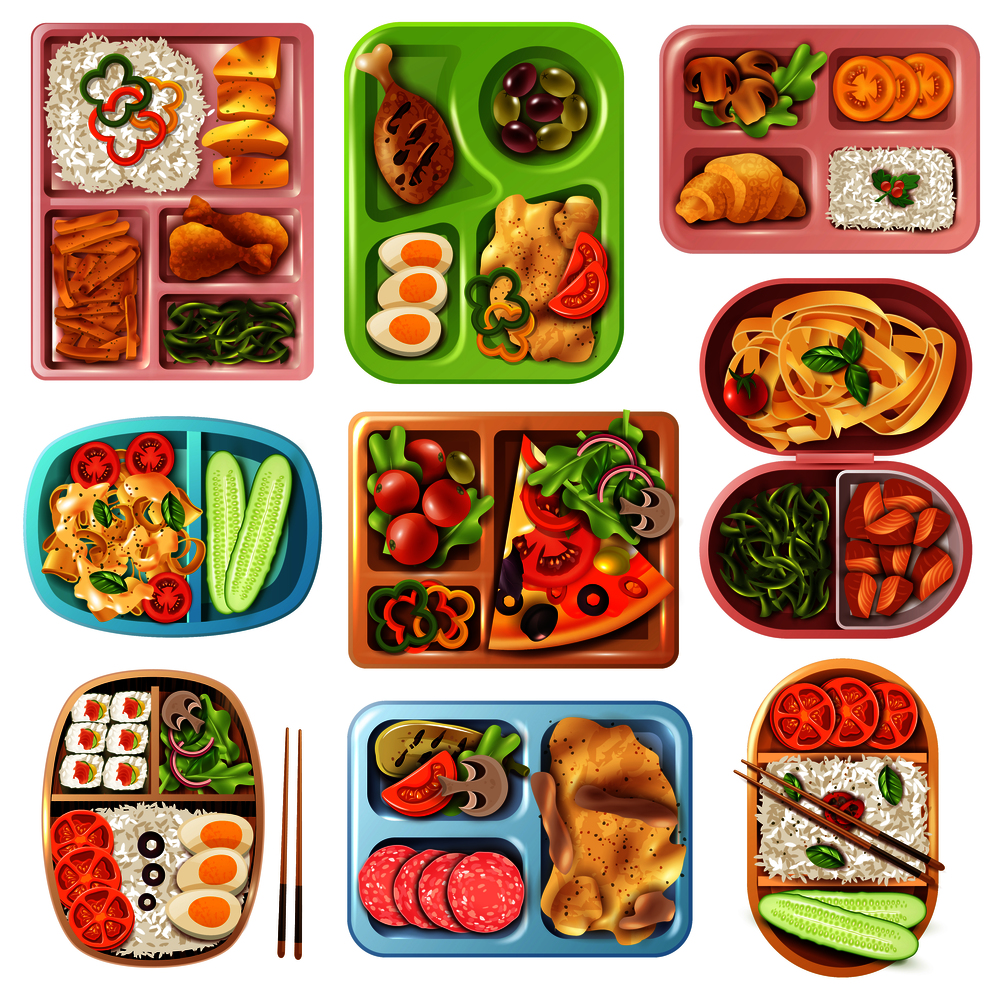 Set of boxed lunches in plastic colorful containers with italian, asian, vegetarian food isolated vector illustration  . Boxed Lunches Set