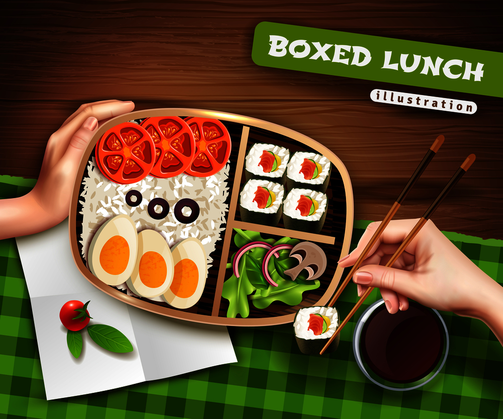 Boxed lunch with asian food on green cloth and female hands with chopsticks and roll vector illustration. Boxed Lunch Illustration