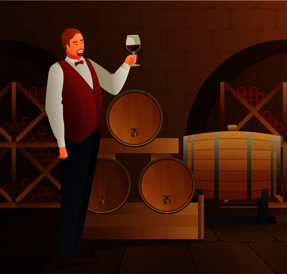 Wine production with sommelier barrel and glass gradient flat vector illustration. Wine Production Illustration