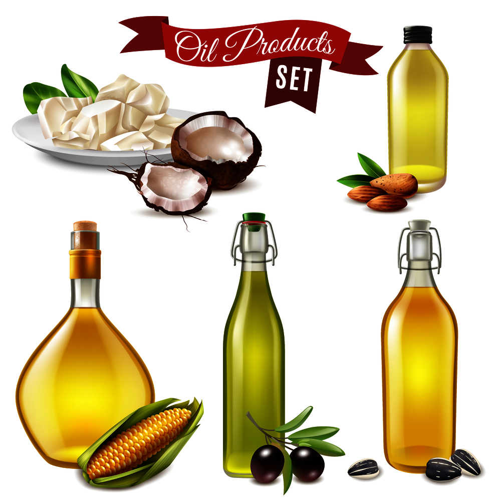 Realistic oil product set of coconut almond sunflower olive and corn oil bottled in glass dish vector illustration. Realistic Oil Product Set