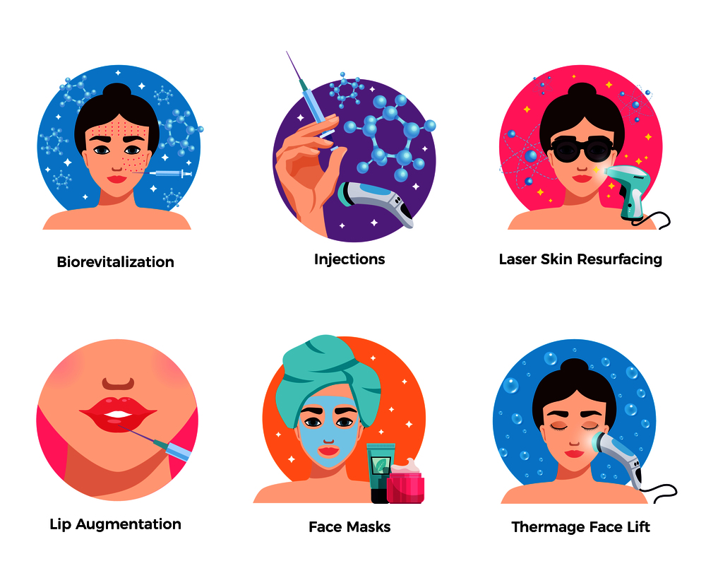 Cosmetology 6 flat round icons concept with laser skin resurfacing face lift lip augmentation isolated vector illustration . Cosmetology Flat  Set Concept
