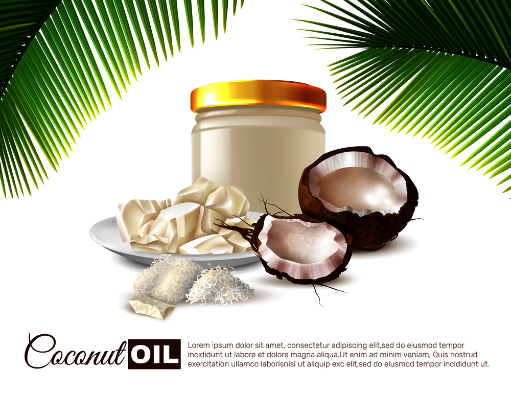Coconut oil realistic poster with half nuts can of oil and palm leaves on white background vector illustration . Coconut Oil Realistic Poster