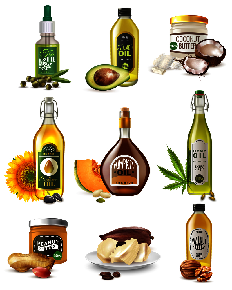 Set of realistic vegetable oils from seeds, nuts and fruits in bottles and jars isolated vector illustration . Realistic Vegetable Oils Set