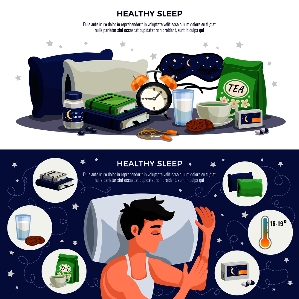 Healthy sleep horizontal banners with young man sleeping on orthopedic pillow soothing tea mask books with recommendations for healthy lifestyle vector illustration  . Healthy Sleep Horizontal Banners