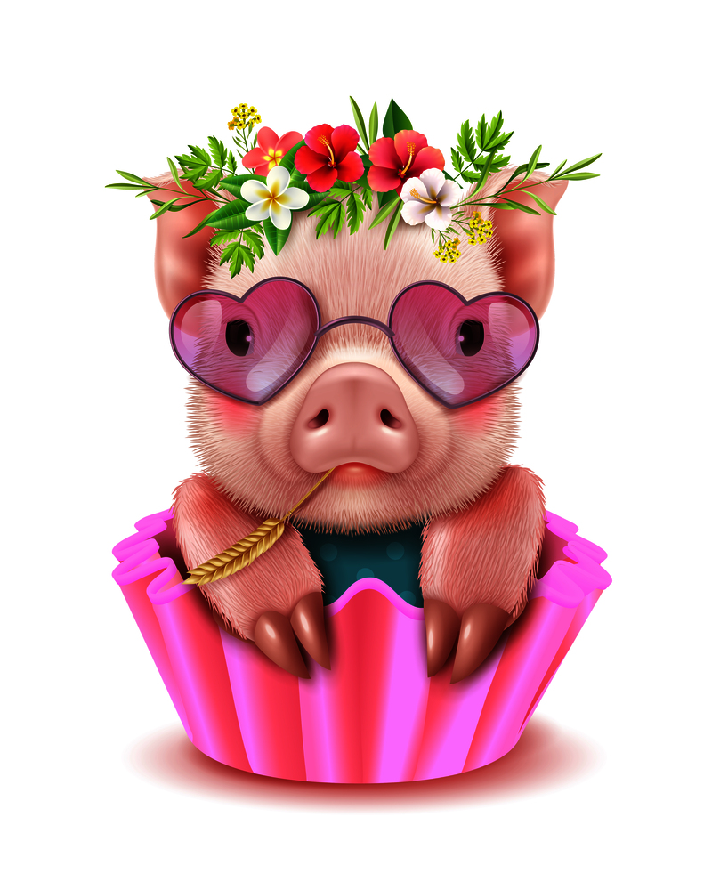 Cute female pig in pink sunglasses in shape of heart and flower wreath on head realistic portrait vector illustration. Cute Pig Realistic Portrait