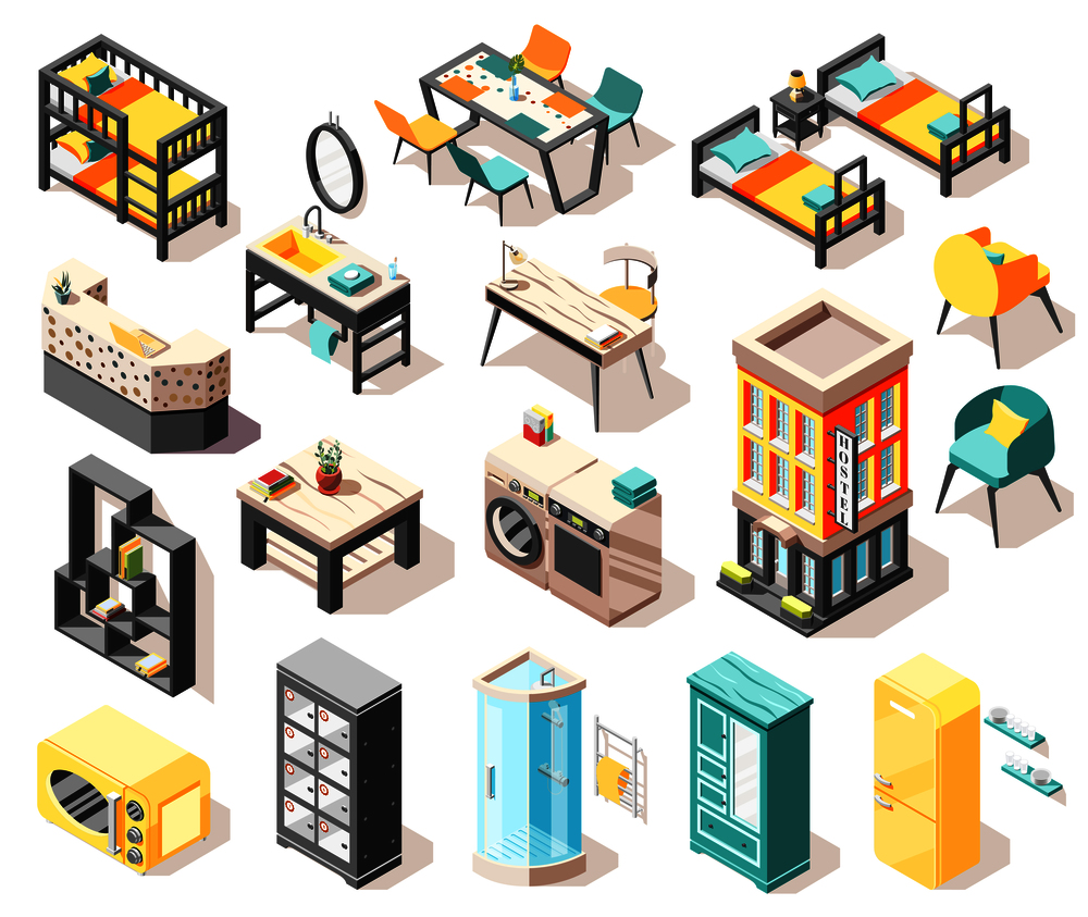 Travel isometric icons set with hostel building and elements of internal interior furniture and accessories isolated vector illustration