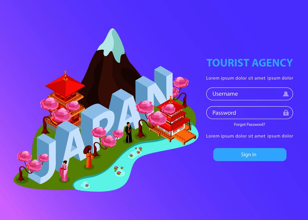 Japan asia custom journey creator tourists guide online travel agency isometric landing web page design vector illustration