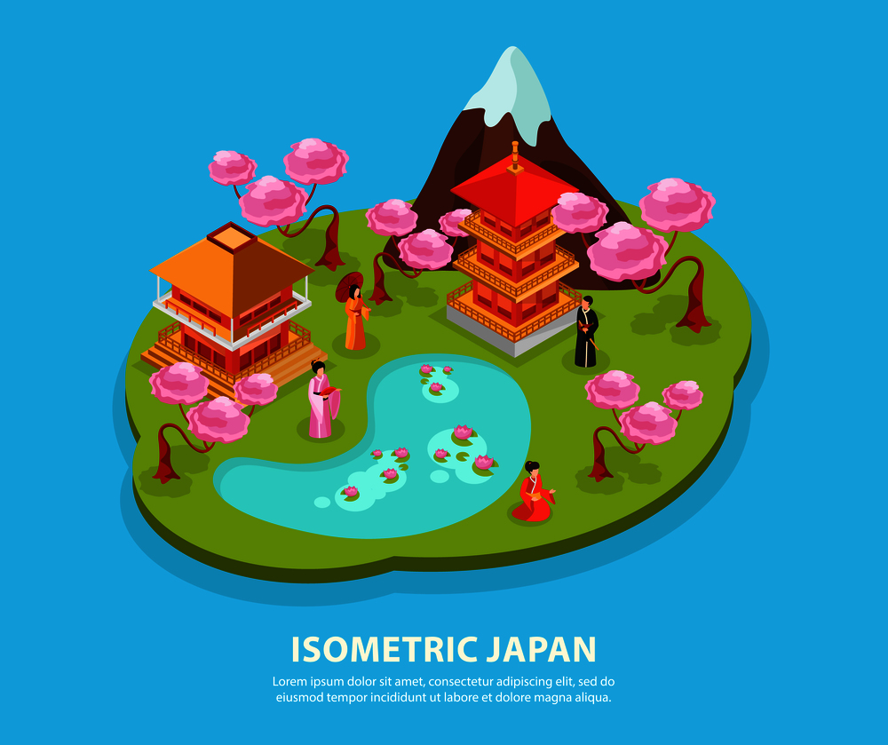 Japan culture landmarks tourist attractions isometric composition with cherry blossom fuji mountain temple carps kimono vector illustration