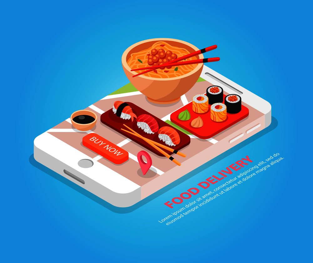 Japan food delivery online service isometric composition with sushi and noodle soup on smartphone screen vector illustration