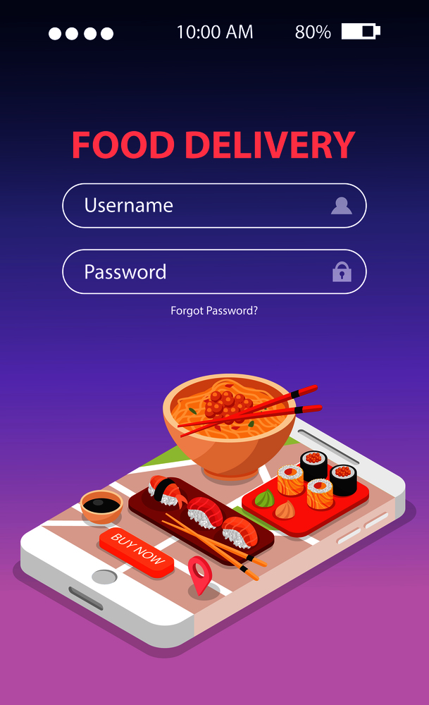 Japan food delivery online service isometric background composition with sushi and noodle soup on mobile screen vector illustration