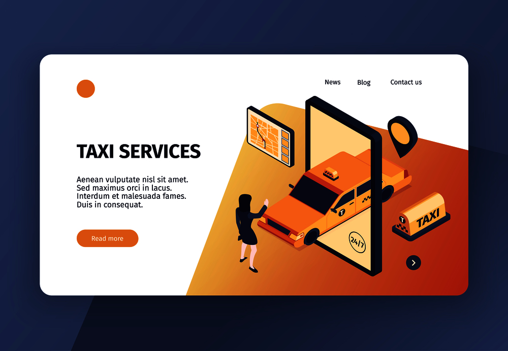 Isometric taxi concept banner web site landing page design with conceptual images clickable links and text vector illustration