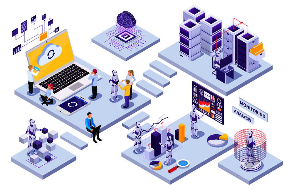Robotic automation isometric composition with people working with robots on white background 3d vector illustration