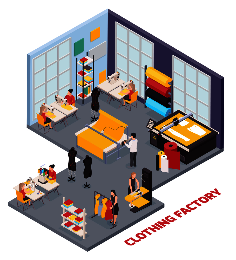 Isometric composition with sewing equipment and people working at clothing factory 3d vector illustration