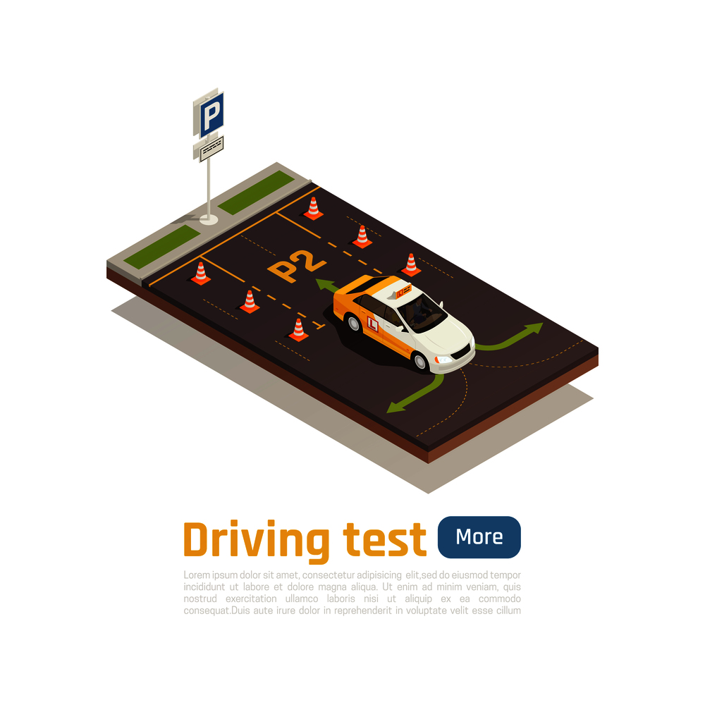 Driving school isometric composition with training car green arrows cones and editable text with more button vector illustration