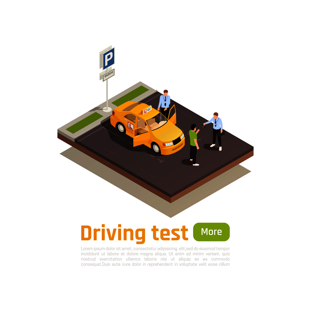 Driving school isometric composition with view of parking spot with training car human characters and text vector illustration