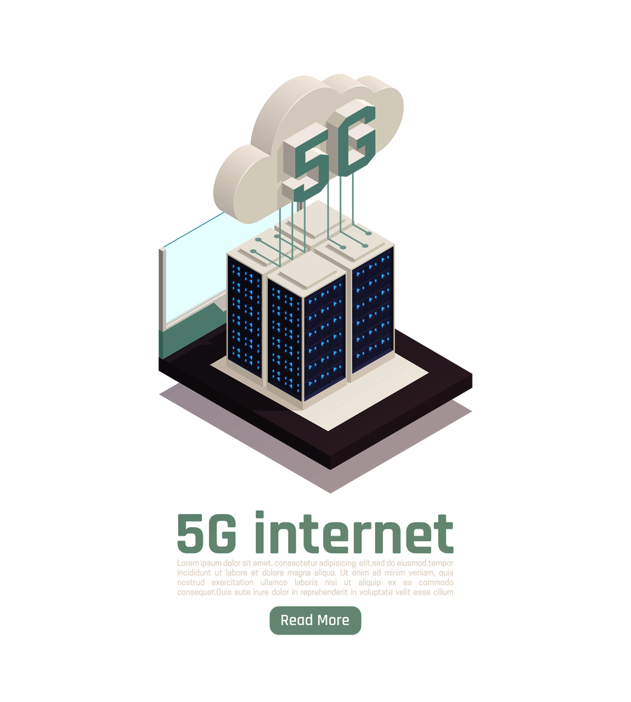Modern internet 5g communication technology isometric composition with editable text clickable button and conceptual tech images vector illustration