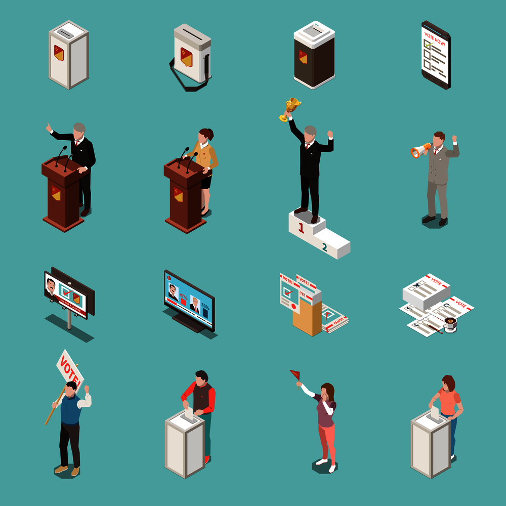 Election voting isometric icons set with people participating in polling campaign debates protest voting opposition and primaries vector illustration