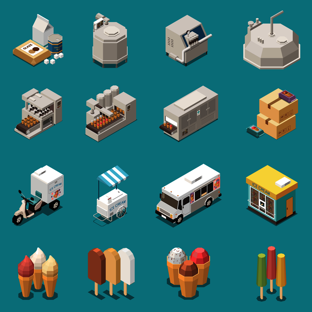 Ice cream production isometric set with manufacture equipment kinds of dessert delivery transport street cart isolated icons vector illustration