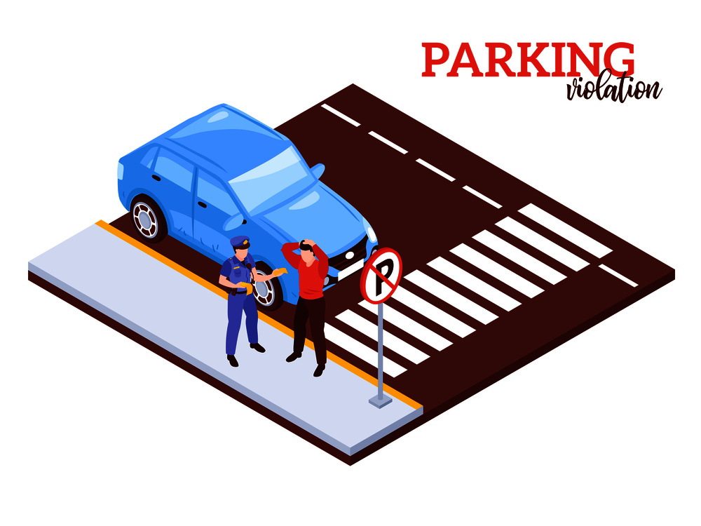 Isometric car parking composition with notation penalty for illegal car parking with human characters and automobile vector illustration