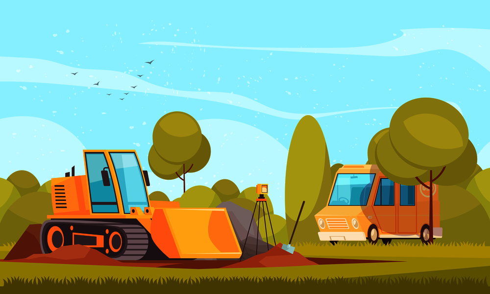 Geology equipment composition with flat sunny outdoor landscape and images of van and bulldozer digging ground vector illustration