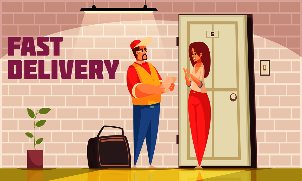 Delivery home composition with indoor scenery and doodle characters of male logistics courier and female recipient vector illustration