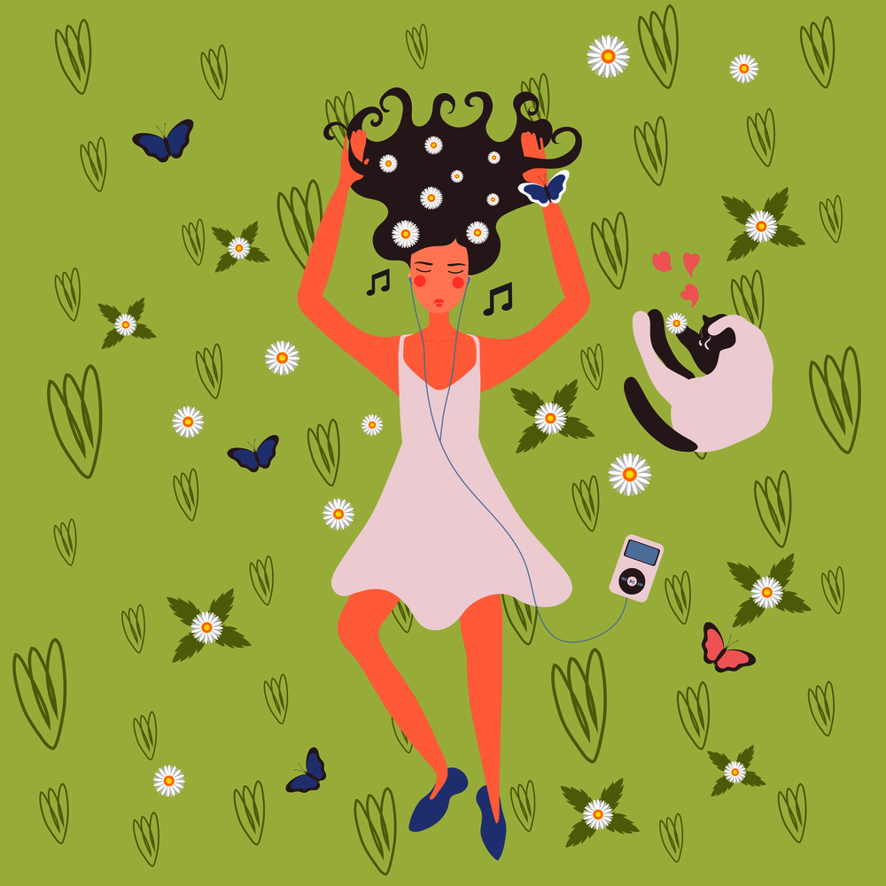 Young girl with earbuds enjoys music and dancing wearing wild flowers in her hair flat vector illustration