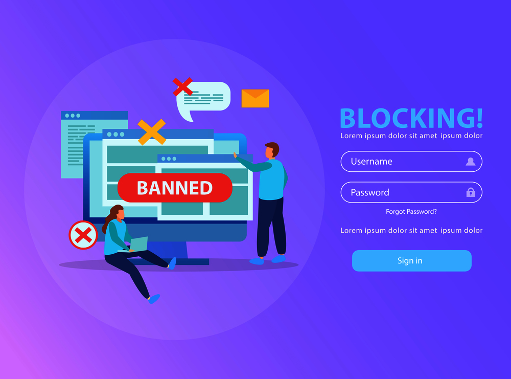 Blocking computer ip address from wifi network stopping abusive mails flat background composition with banned sign vector illustration