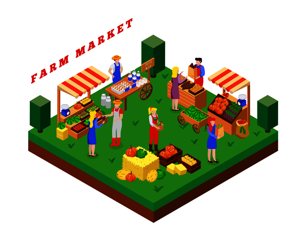 Farm local market isometric composition with text and square platform with people food products and tents vector illustration