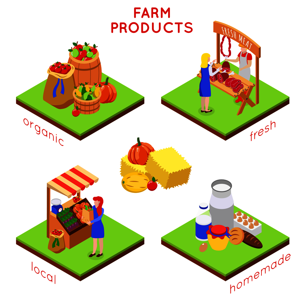 Farm local market isometric 4x1 design concept with compositions of food images human characters and text vector illustration