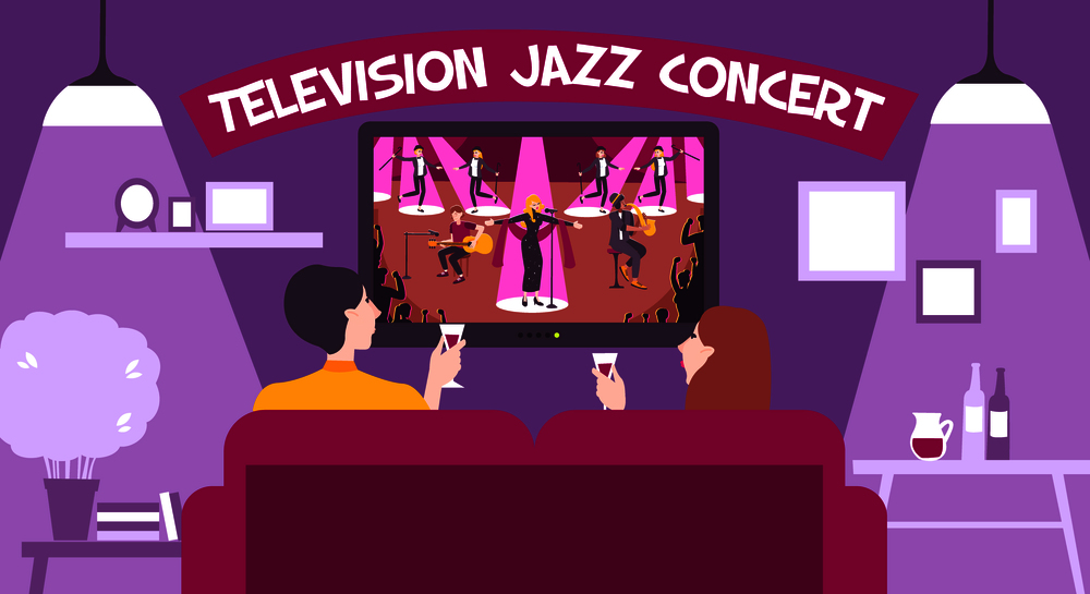 Tv concert show composition with television jazz concept headline and romantic setting vector illustration