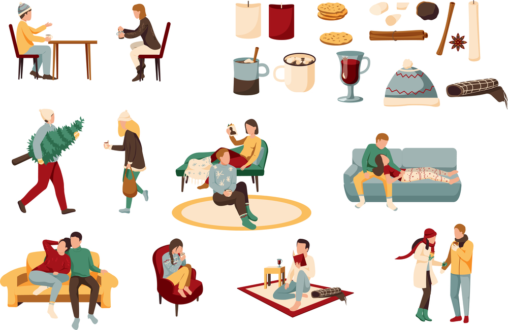 Cozy winter flat collection of isolated icons with people wearing warm clothes candles and drinks ingredients vector illustration. Lovely Winter Flat Icons