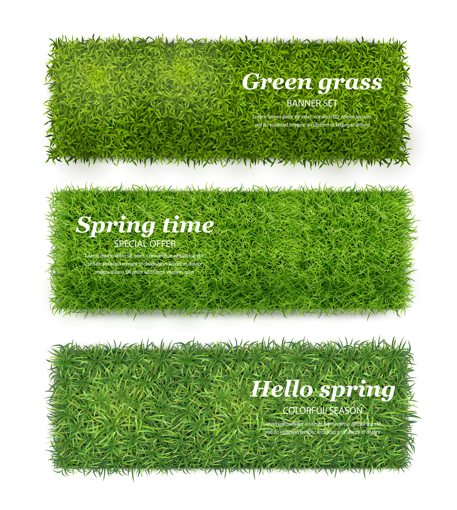 Green grass realistic top view spring time lawn ground cover 3 horizontal banners set isolated vector illustration. Green Grass Realistic Banners