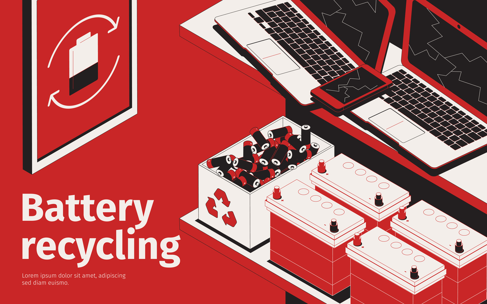 Battery recycling isometric concept with garbage containers vector illustration. Battery recycling concept