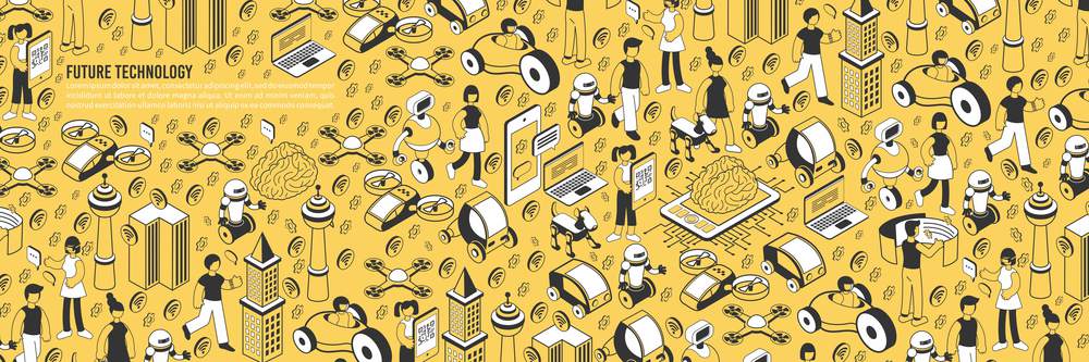 Future technology isometric pattern with yellow background text and isolated icons of gadgets buildings and people vector illustration. Future Tech Isometric Pattern