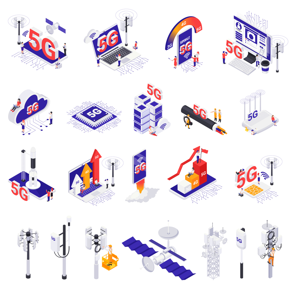 Internet 5G technology isometric icons set of satellites cloud chip sim card cellular aerial isolated elements vector illustration. Internet 5G Technology Isometric Set