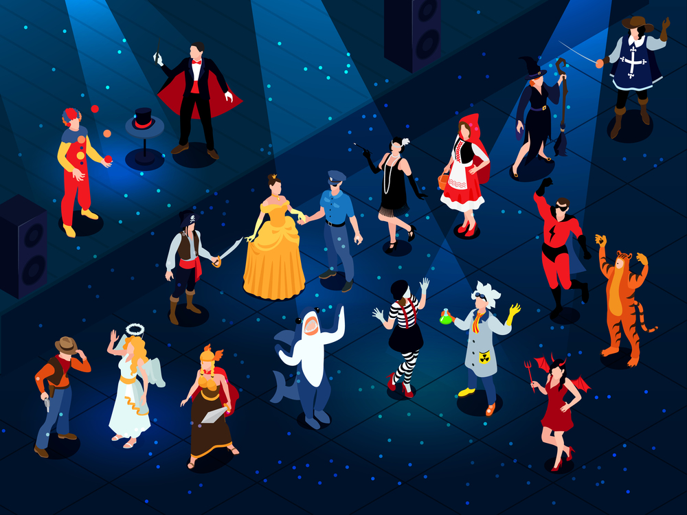 Isometric festive masquerade carnival composition with human characters wearing funky costumes vector illustration. Masquerade Club Show Composition